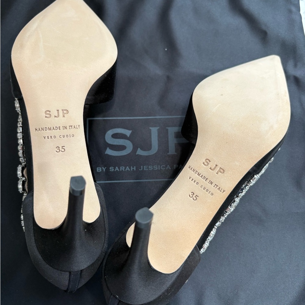 SJP by Sarah Jessica Parker Black Satin Crystal-Embellished Pointed Pumps - Picture 4 of 10